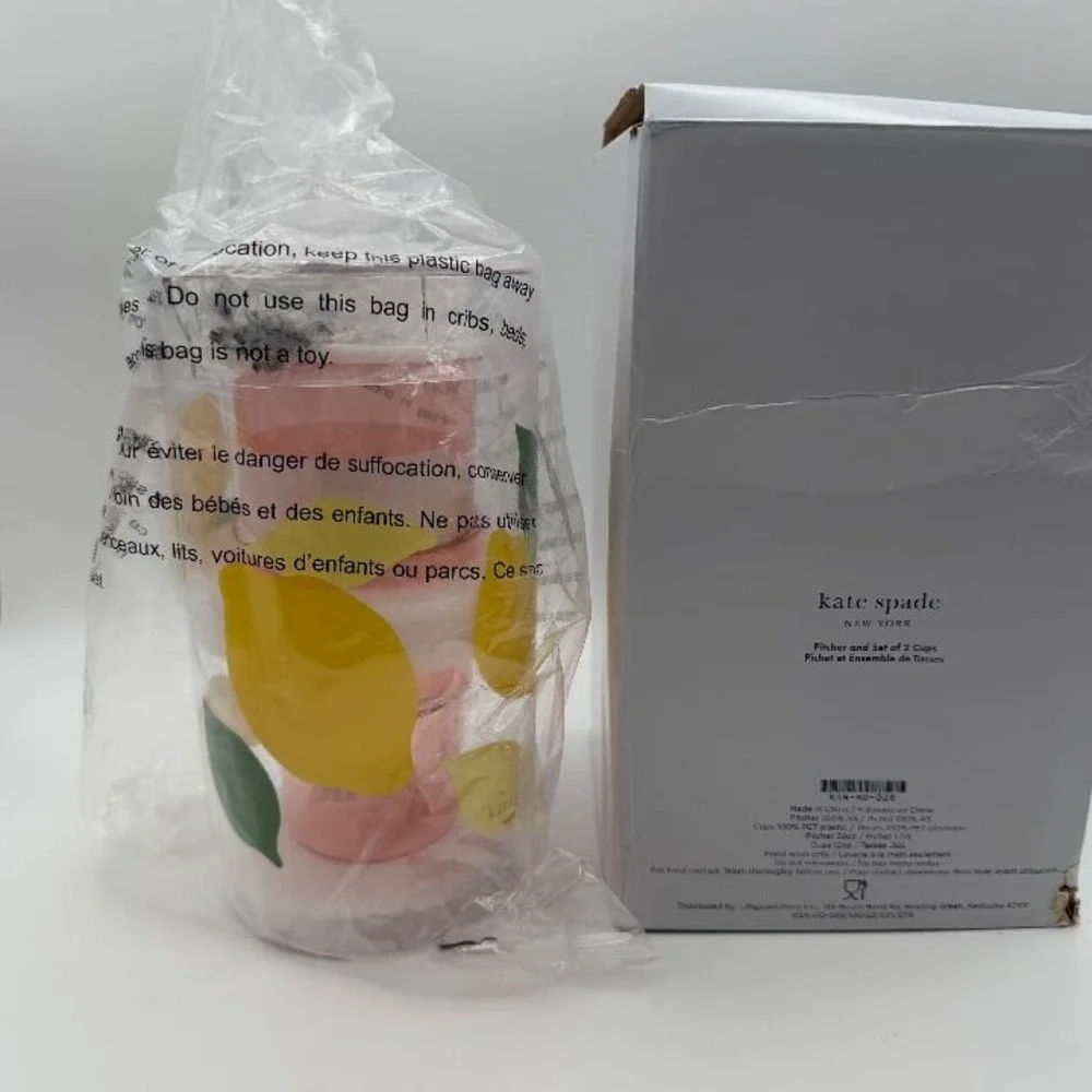 Kate Spade New York Lemon Pitcher + 2 Cups Acrylic 58oz / 12oz‎ NIB